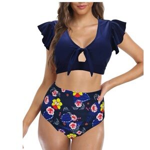 Binlowis High Waist Bikini Set Front Knot Ruffle 2 Piece Swimsuit Flounce Large